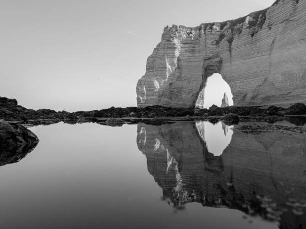 Chalk cliffs of Etretat (Normandy France) on a sunny day in summer, reflection in water