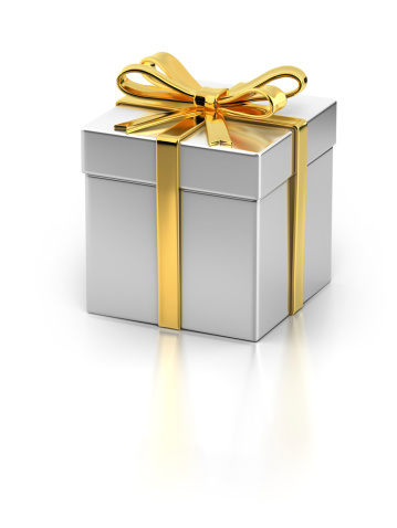 A metallic gift box with golden ribbon isolated on white background. Clipping path included.