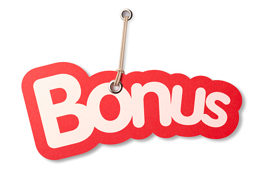 The word 'BONUS' shaped similar to a die-cut label with silver eyelet hanging from beige cord. Isolated on a pure white background, absolutely no dot in the white area no need to cut-out e.g. can be dropped directly on to a white web page seemlessly.