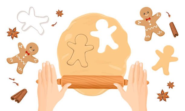 Baking gingerbread man. Hands making dough for christmas cookies. Form for cutting gingerbread, rolling pin and spices isolated on white background. Vector cartoon illustration. Baking gingerbread man. Hands making dough for christmas cookies. Form for cutting gingerbread, rolling pin and spices isolated on white background. Vector cartoon illustration. gingerbread man cookie cutter stock illustrations