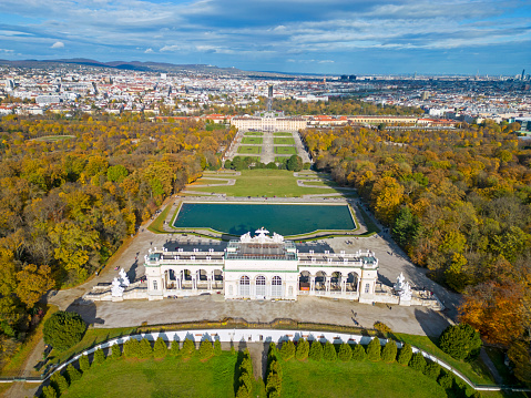 Beautiful view of famous Mirabell Gardens with the old historic Fortress Hohensalzburg in the background in Salzburg, Austria. Famous Mirabell Gardens with historic Fortress in Salzburg, Austria.