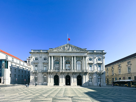 Lisbon, Portugal - January 5, 2023: Building architecture in the Municipal Square located in the downtown district. Facade of the City Hall or Government Building