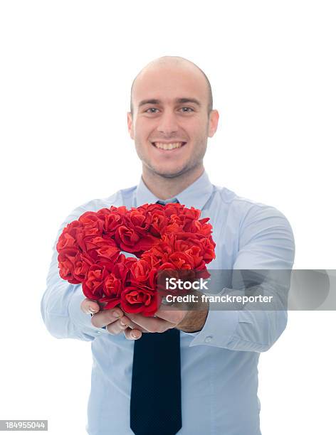 Business Man Holding Red Bunch Of Flower For St Valentine Stock Photo - Download Image Now
