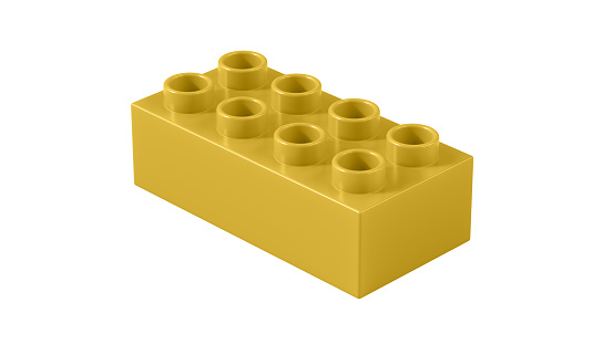 Metallic Gold Plastic Toy Block Isolated on a White Background. Children Toy Brick, Perspective View. Close Up View of a Game Block for Constructors. 3D rendering. 8K Ultra HD, 7680x4320, 300 dpi