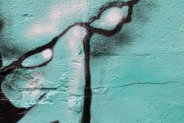Green black graffti resembles evil eyes This photo shows green and black colours spray-painted on to a plaster wall many years ago. Swindon, Wiltshire, England. This small section resembles an alien life-form with slanting, evil eyes and a long misplaced nose. More back street photos that display graffiti: . purple graffiti metallic wall stock pictures, royalty-free photos & images
