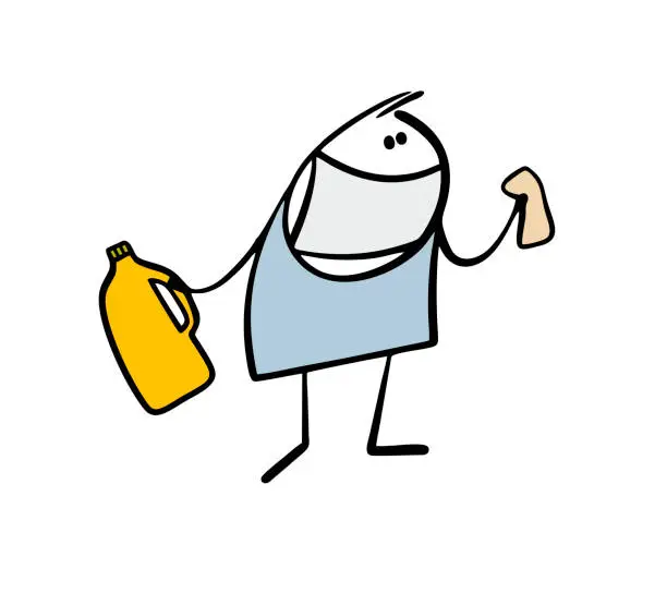 Vector illustration of Cleaning service worker holds a plastic bottle with chemical cleaning liquid and a rag. Vector illustration of stickman in a protective mask. Isolated doodle cartoon on white background.