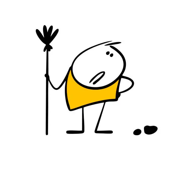 Vector illustration of Sad disgruntled stickman janitor holds a broom and looks at the dirt on the ground. Vector illustration of a cleaning service worker hates garbage. Isolated doodle person on white background.
