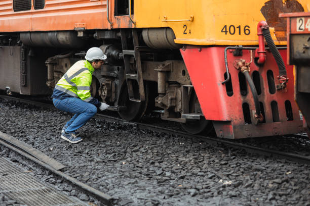 istock Locomotive repair worker, Train Engineer technician on duty working Maintenance Rolling Stocks of old diesel train passenger cabin in rail transport industry 1849568132