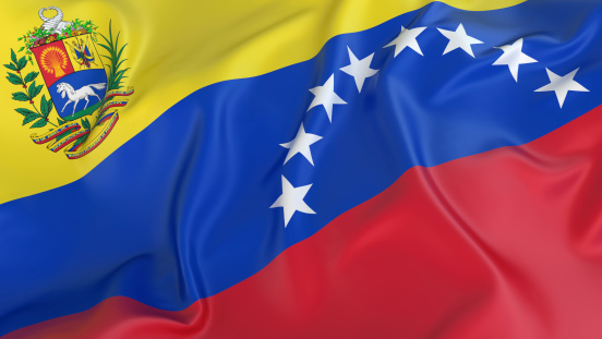 Ecuador flag wave close up. Full page Ecuador flying flag. Highly detailed realistic 3D rendering.