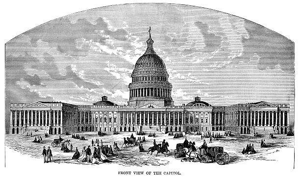 The Capitol Building Engraving From 1874 Of The Capitol Building In Washington DC. washington dc illustrations stock illustrations