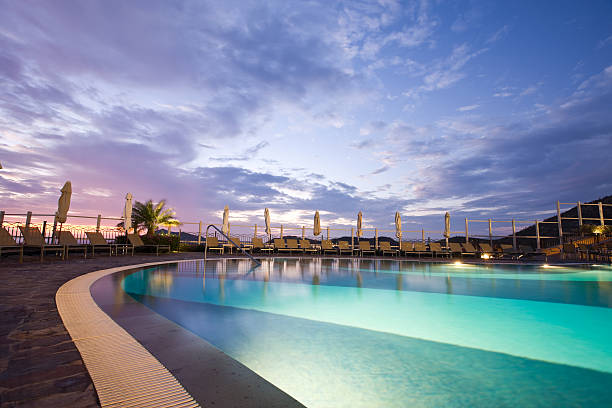 Swimming pool seen from above at night.