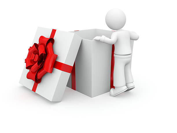 3D guy looking into gift box. stock photo