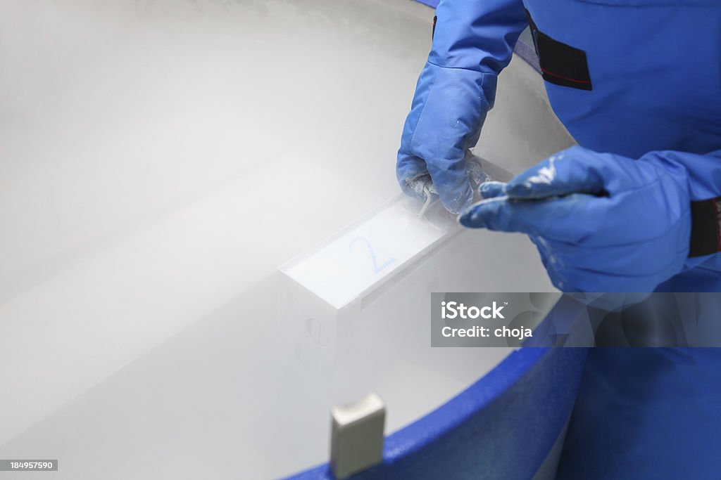Container with liquid nitrogen...doctor in hazmat suit at work Doctor in hazmat suit working with container with embryonal cells in liquid nitrogen Cryobiology Stock Photo