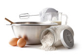 Baking Ingredients: Bowl, Electric Mixer, Eggs and Flour