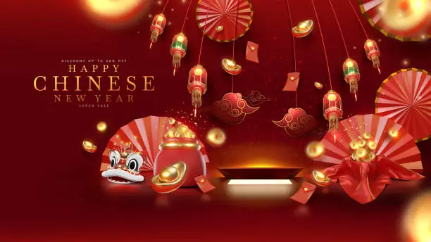Vector illustration of Red luxury background with product display podium element with 3d realistic chinese new year ornament and glitter light effect decoration and bokeh. Vector illustration.