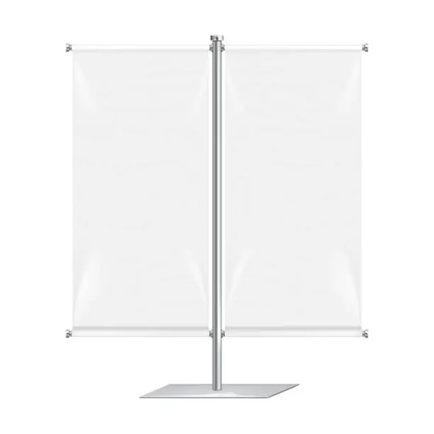 Vector illustration of Table counter banner stand, countertop vertical poster display on metal signholder pole and base vector mockup. Tabletop sign mock-up. Template for design