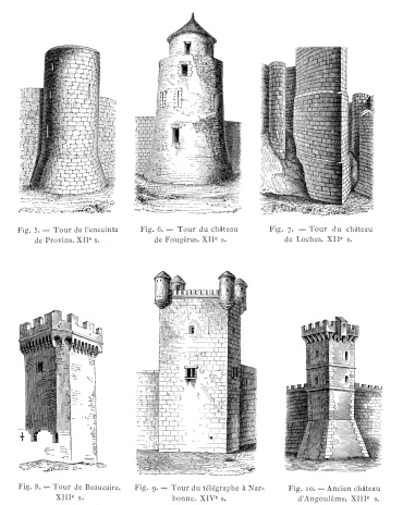 Vintage engraving from 1876 of a towers and battlements of castle in the middle ages