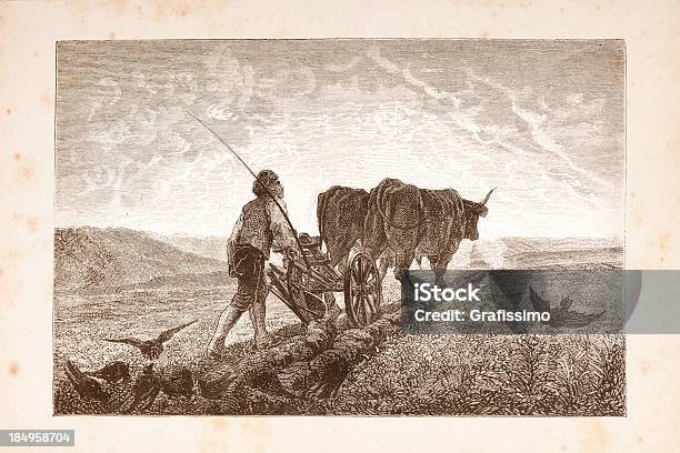 Vetores de Entalhes Homens Plowing Um Campo Com Duas Vacas e mais imagens de Agricultura - Agricultura, Antigo, Arado - Maquinaria de Agricultura