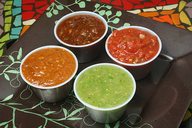 Colorful variety of salsas.Please see my portfolio for many more food photos.