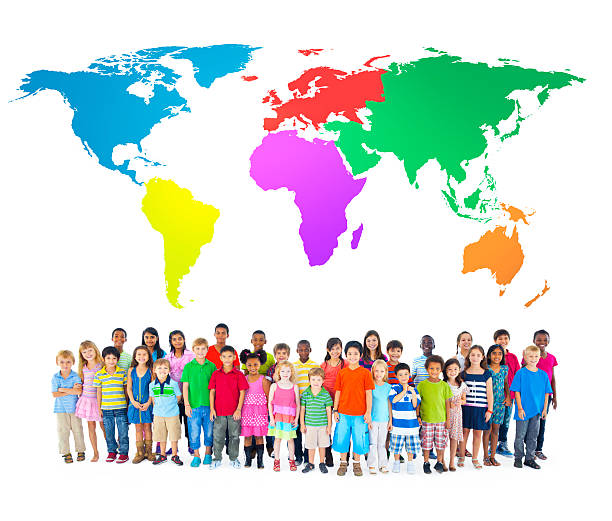 istock Colourful world map with diverse group of children 184958992