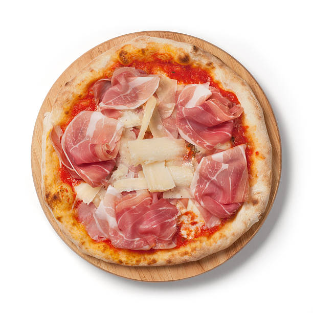 istock Italian pizza with tomato, mozzarella, ham and parmesan cheese 184958996