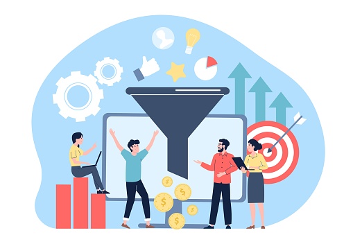 Social media sales funnel. Smm strategies, tele marketing process and attracted new followers and customers. Strategy of monetization recent vector scene of funnel marketing social illustration