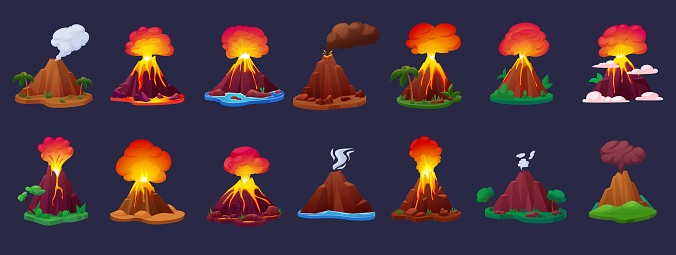 Cartoon volcano eruption processes. Volcanoes erupting with magma, fire, ashes and smoke. Hot lava erupted from mountains, game nowaday vector elements of mountain volcano magma explosion illustration