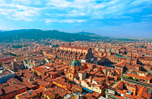 Bologna skyline with landmarks San Petronio church and Piazza Maggiore.