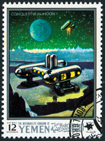Cancelled Stamp From Yemen Showing A Sci-Fi Scene From The Moon.