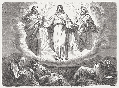 Transfiguration of Jesus. Woodcut engraving after a drawing by Julius Schnorr von Carolsfeld (German painter, 1794 - 1872), published in 1877.
