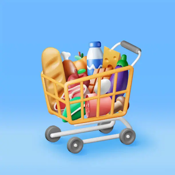 Vector illustration of 3D Shopping Plastic Basket with Fresh Products