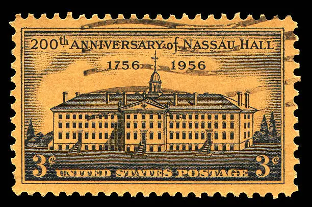 "US postage stamp: Nassau Hall, built in 1754,Designed originally by Robert Smith(1722aa1777), the oldest building at Princeton University in the borough of Princeton, New Jersey, USA."