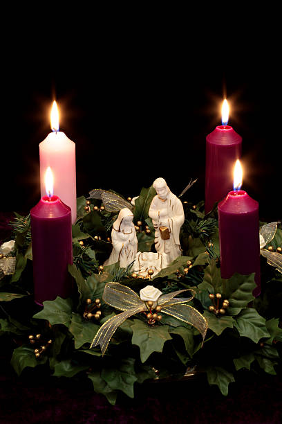 Advent - Christian religion. Christmas wreath with candles and decorations. 3D render illustration.