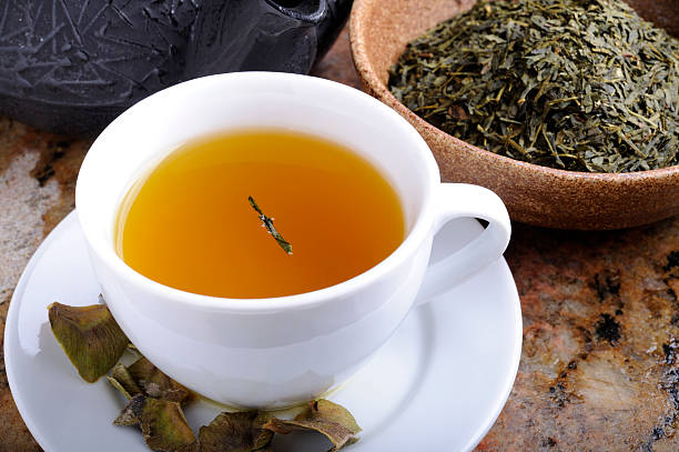 istock Green tea in a white tea cup with a saucer 184961993