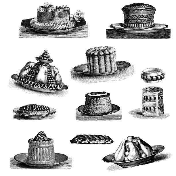 ilustraciones, imágenes clip art, dibujos animados e iconos de stock de colección de platos de la cocina francesa clásica gourmet y platos para restaurantes - engraving old fashioned cake food