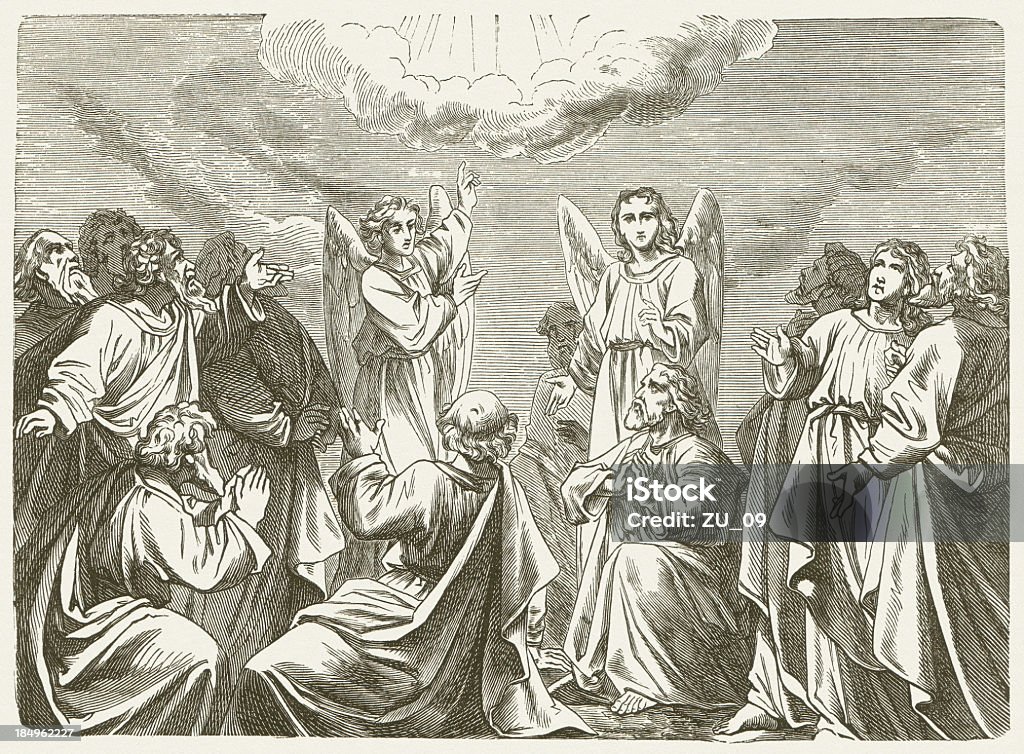 Ascension of Christ, wood engraving, published in 1877 "Ascension of Christ. Woodcut after a drawing by Julius Schnorr von Carolsfeld (German painter, 1794 - 1872) from my archive, published in 1877." Jesus Christ stock illustration