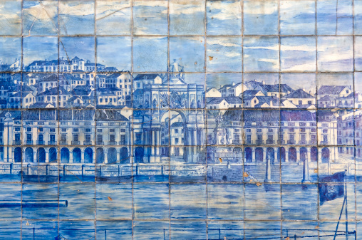 Closeup of azulejos i.e the portuguese painted tin-glazed ceramic tilework. Picture taken in Porto