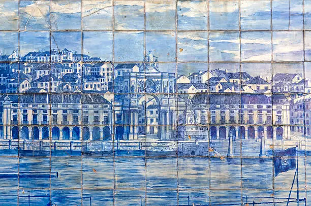 "Beautiful vintage handpainted tiles from the 19th century. Was seen on a public building wall in Lisbon. In Portugal the tiles are named Azulejo. Azulejo is a form of Portuguese or Spanish painted, tin-glazed, ceramic tilework. This Azulejo shows the central square of Lisbon, Praca do Comercio.For more Lisbon impressions, please look here:"