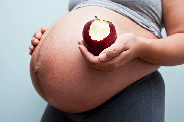 Pregnant woman holds a half eaten apple Pregnant woman holds a partially eaten Macintosh apple in her hand apple with bite out of it stock pictures, royalty-free photos & images