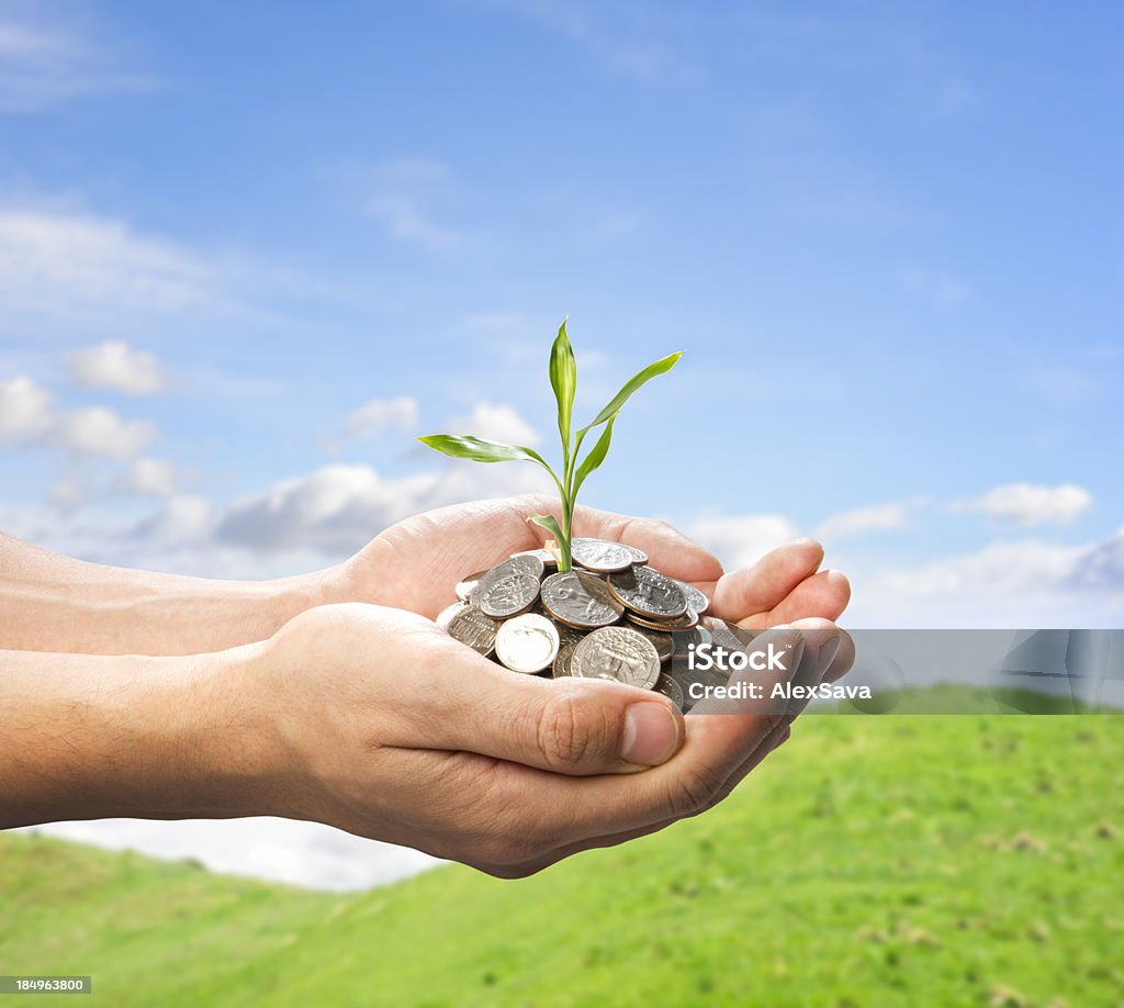 Due mani tenendo una pianta crescente in monete - Foto stock royalty-free di Albero