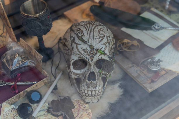 Scull. A human skull lies on a shop window.