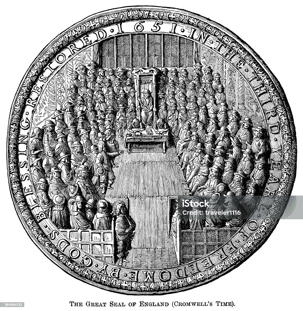 The Great Seal Of England "Engraving From 1882 Featuring The Great Seal Of England, Used For Official Documents From The Mid 1600's." 17th Century stock illustration