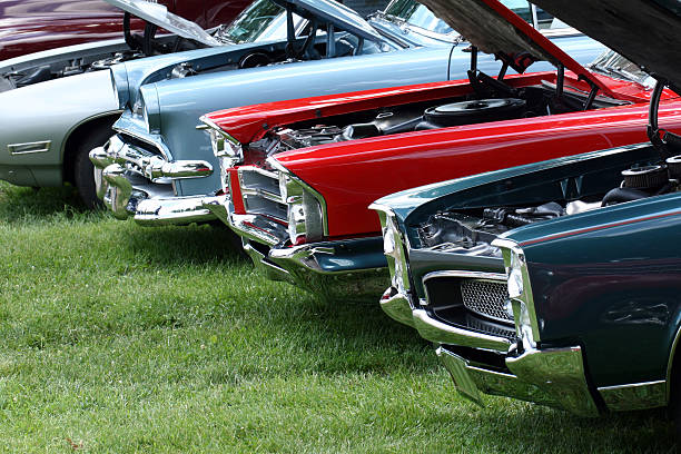 Display of classic automobiles at Indiana car show.  Colorful.  Summer. USA.  Summer car show.  car show stock pictures, royalty-free photos & images