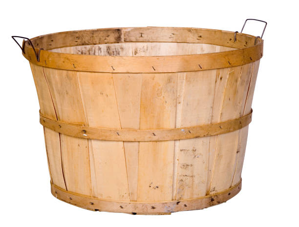 Single empty wooden basket isolated on white stock photo