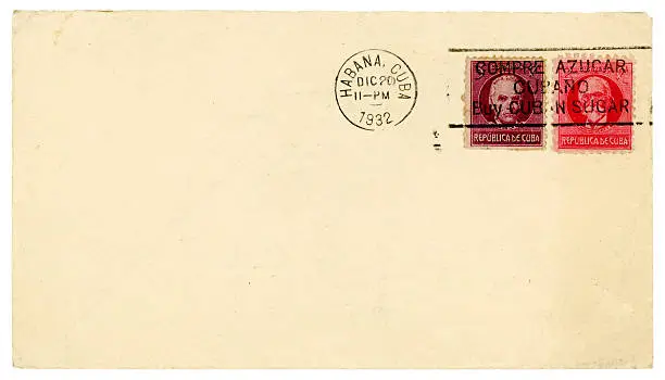 "An envelope posted in Havana, Cuba, in 1932. Stamps portray MA!ximo GAmez y BA!ez (MA!ximo GAmez) and JosA Cipriano de la Luz y Caballero (JosA de la Luz)."