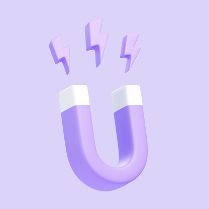 Purple Magnet and lightning for attraction isolated on purple background. 3D icon, sign and symbol. Cartoon minimal style. 3D Render Illustration