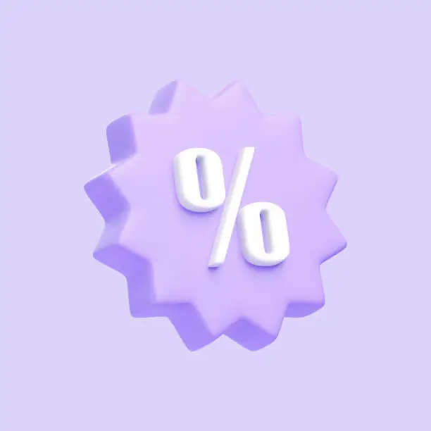 Photo of Purple shopping price tag, discount coupon with percent symbol isolated on purple background