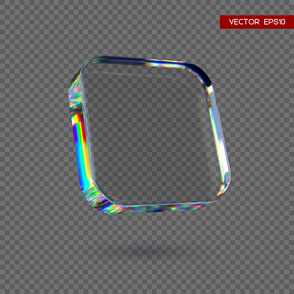 3d transparent glossy cube with dispersion effect. Rainbow colors reflection glass. Vector illustration.