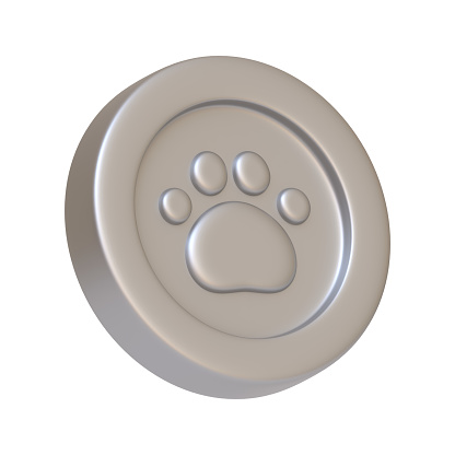 Silver coin with cat or dog paw isolated on white background. 3D icon, sign and symbol. Cartoon minimal style. 3D Render Illustration