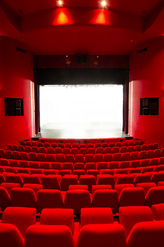 Empty red cinema seats with blank white screen